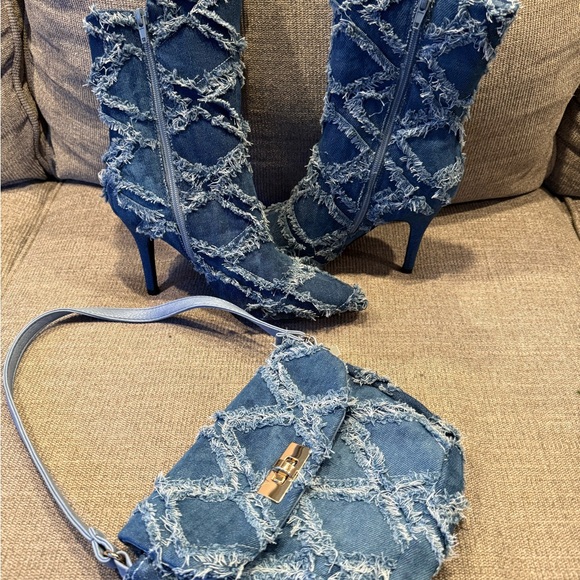 Blue Frayed Denim Boots and Bag Set - Picture 3 of 3